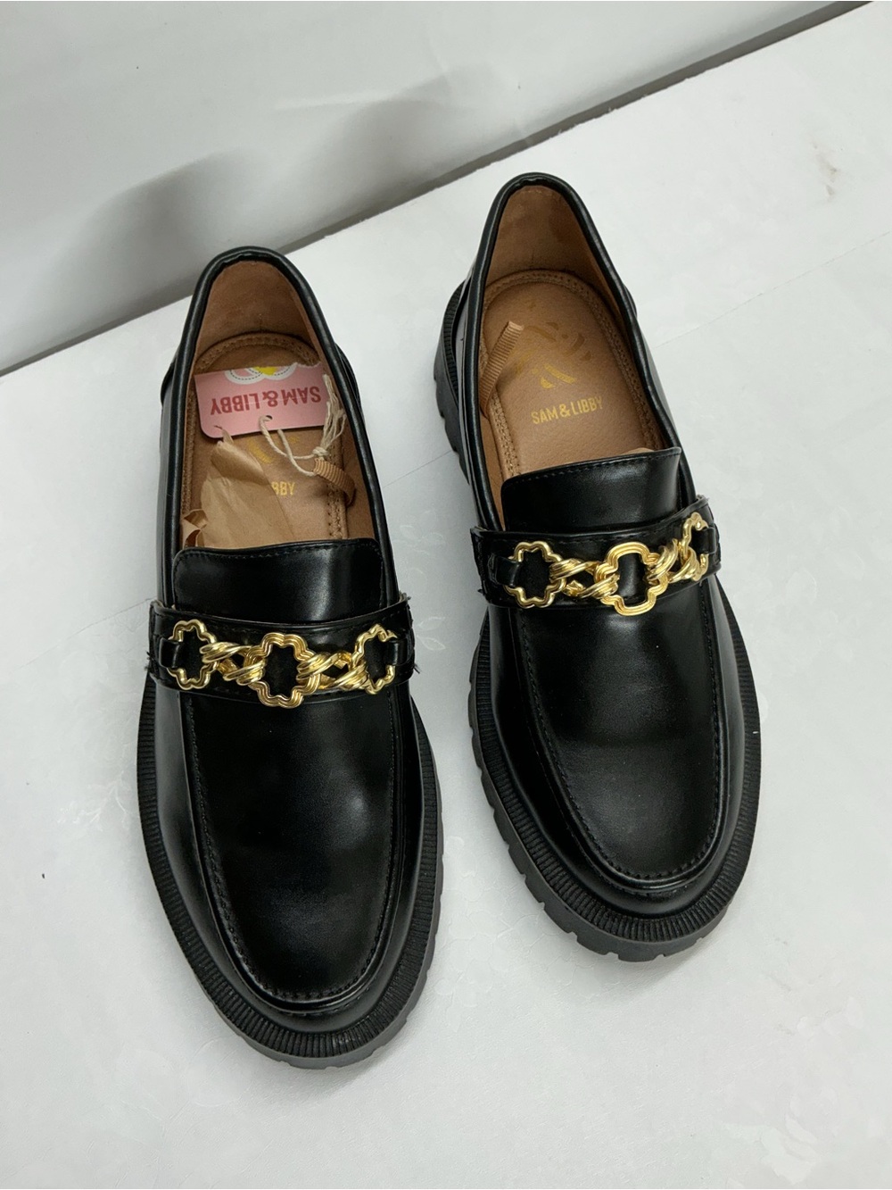 Sam & Libby Black Leather Platform Loafers with Gold Chain - Picture 2 of 5